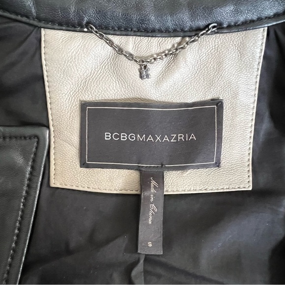 BCBGMAXAZRIA 'Keith' Quilted Lamb Leather Moto Jacket (Black/Taupe) Small $998 - Picture 5 of 9